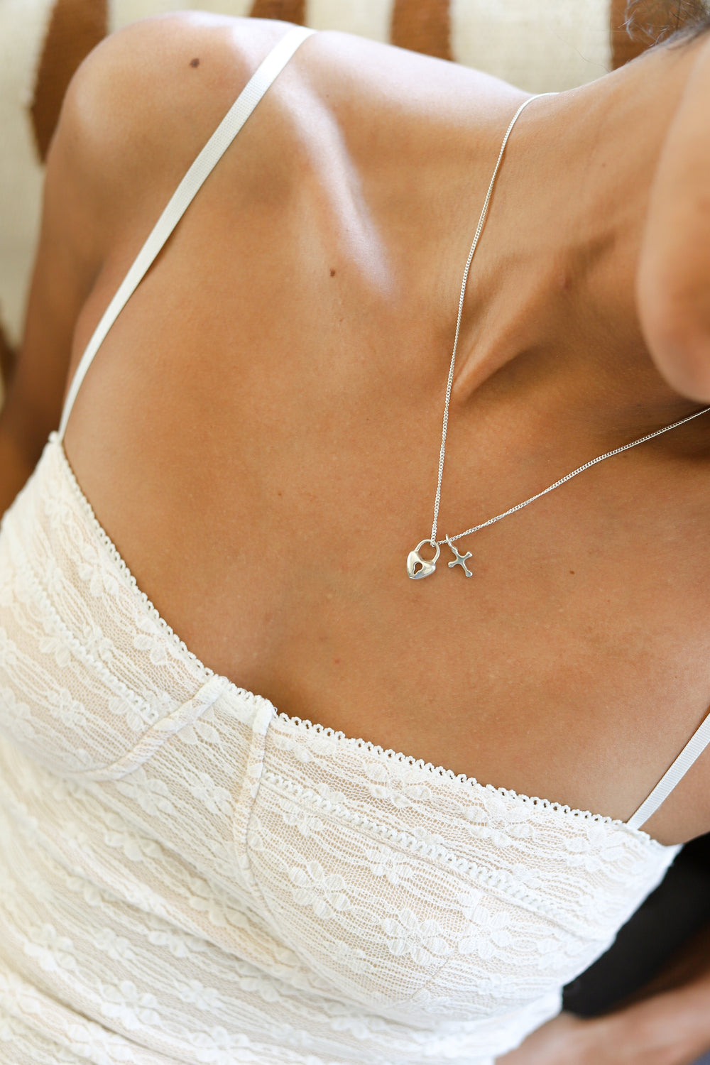 Silver Heartlock + Cross Necklace