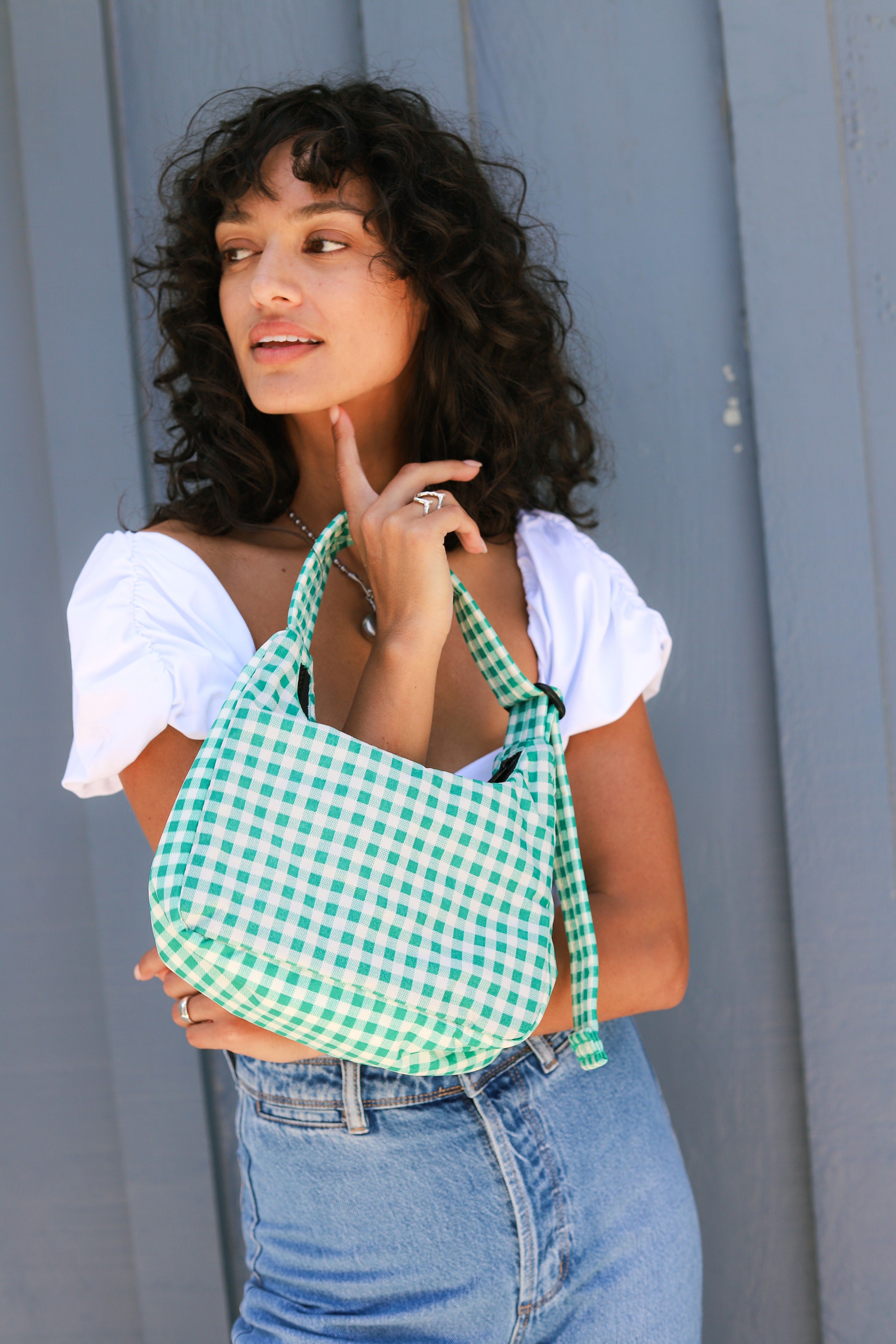 Green Gingham Mini Nylon Shoulder Bag