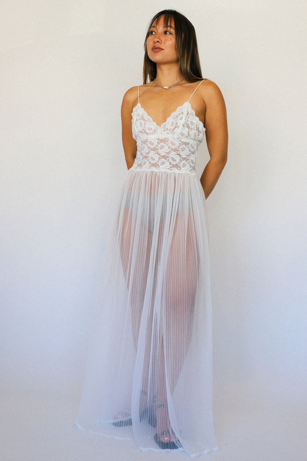 Sheer Lace Pleated Slip Dress