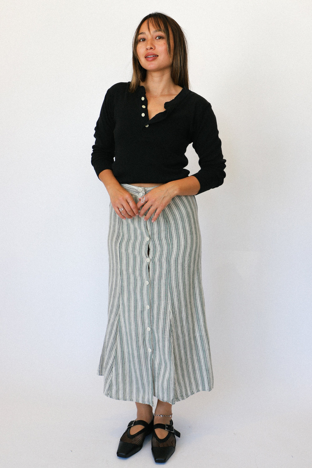 Sage Stripe Button Front Skirt