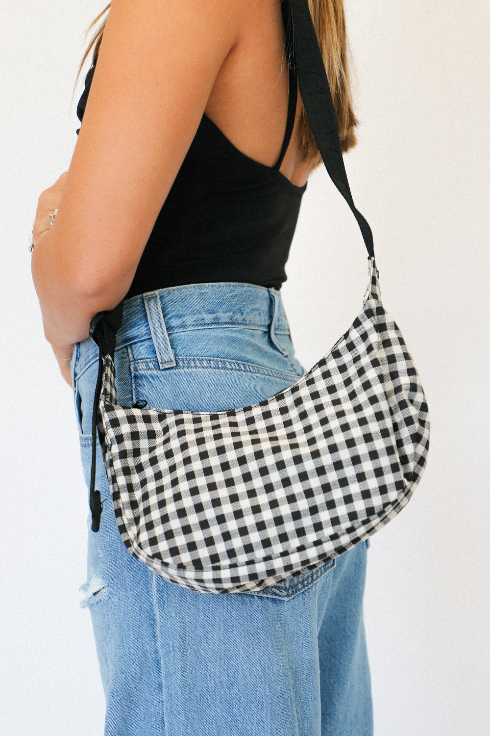 Black & White Gingham Small Crescent Bag