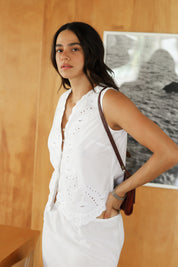 Cotton Eyelet Button Tank