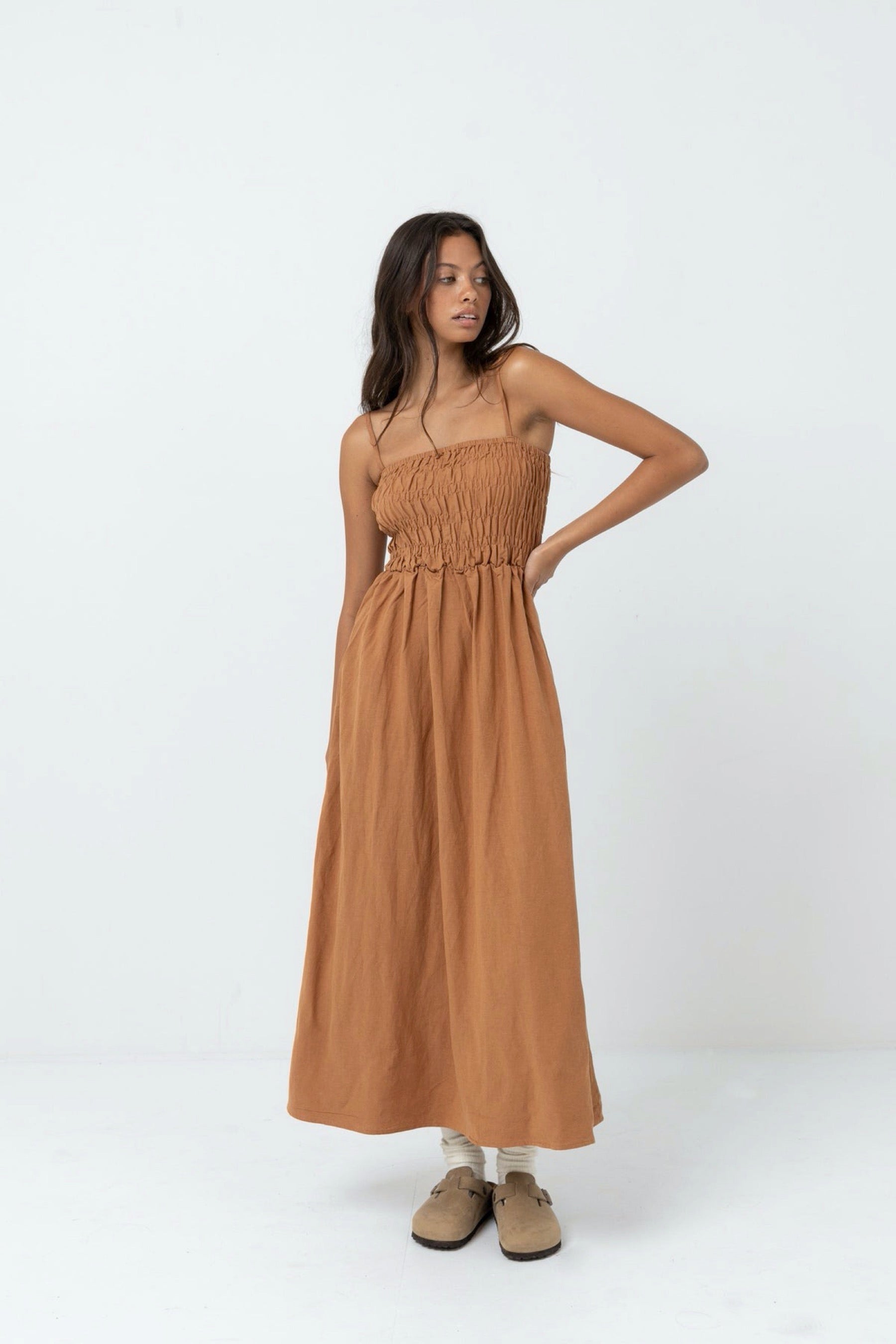 Caramel Classic Shirred Dress