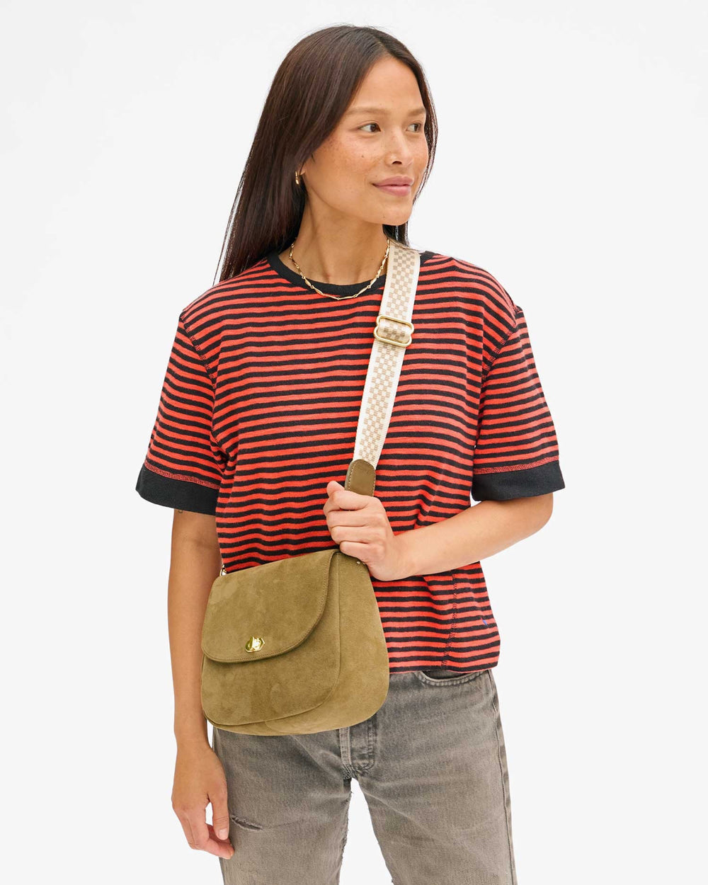 Cream + Khaki Checker Crossbody Strap