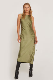 Satin Olive Raybu Ruched Dress