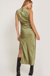 Satin Olive Raybu Ruched Dress