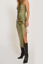 Satin Olive Raybu Ruched Dress