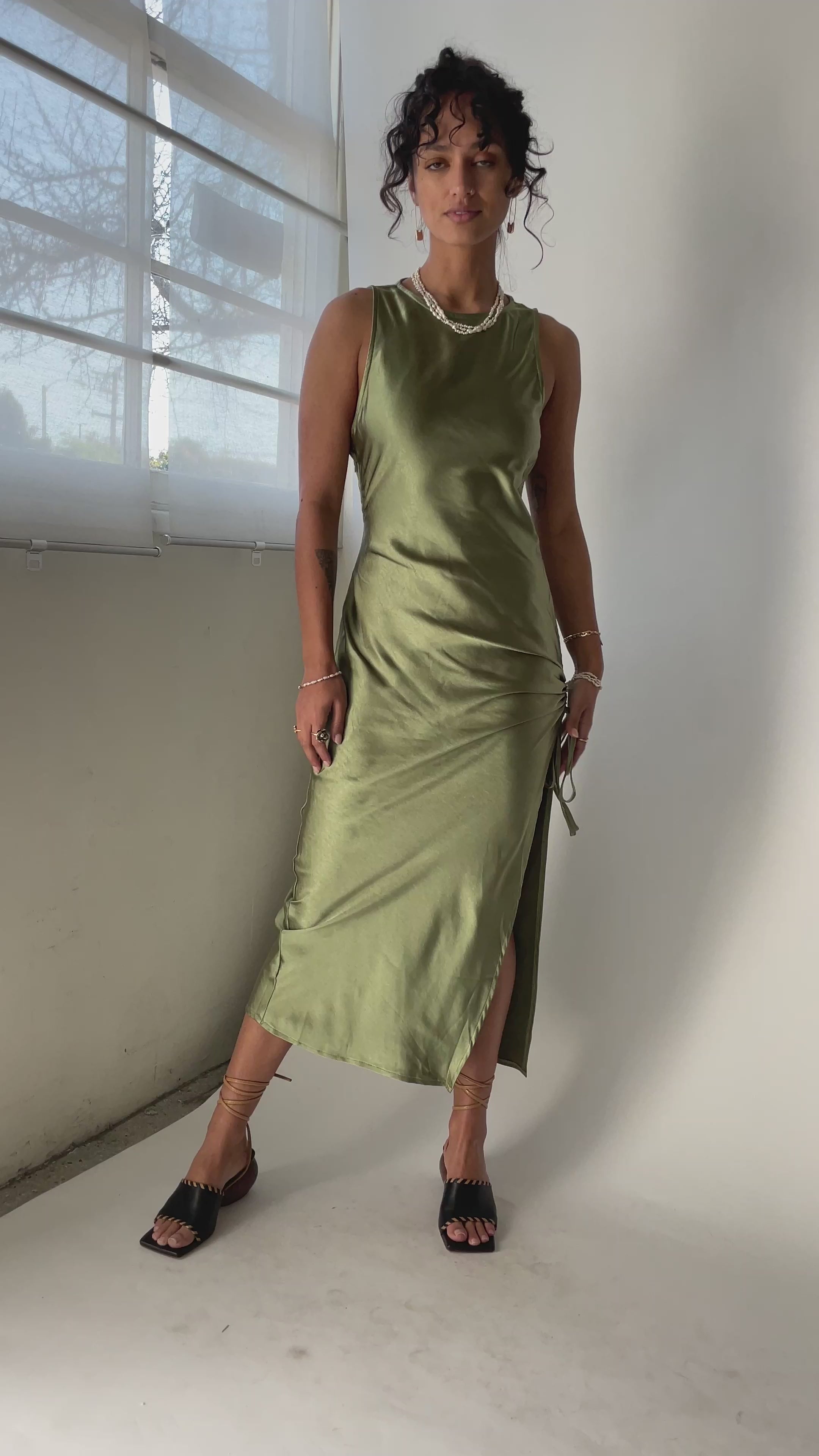 Satin Olive Raybu Ruched Dress