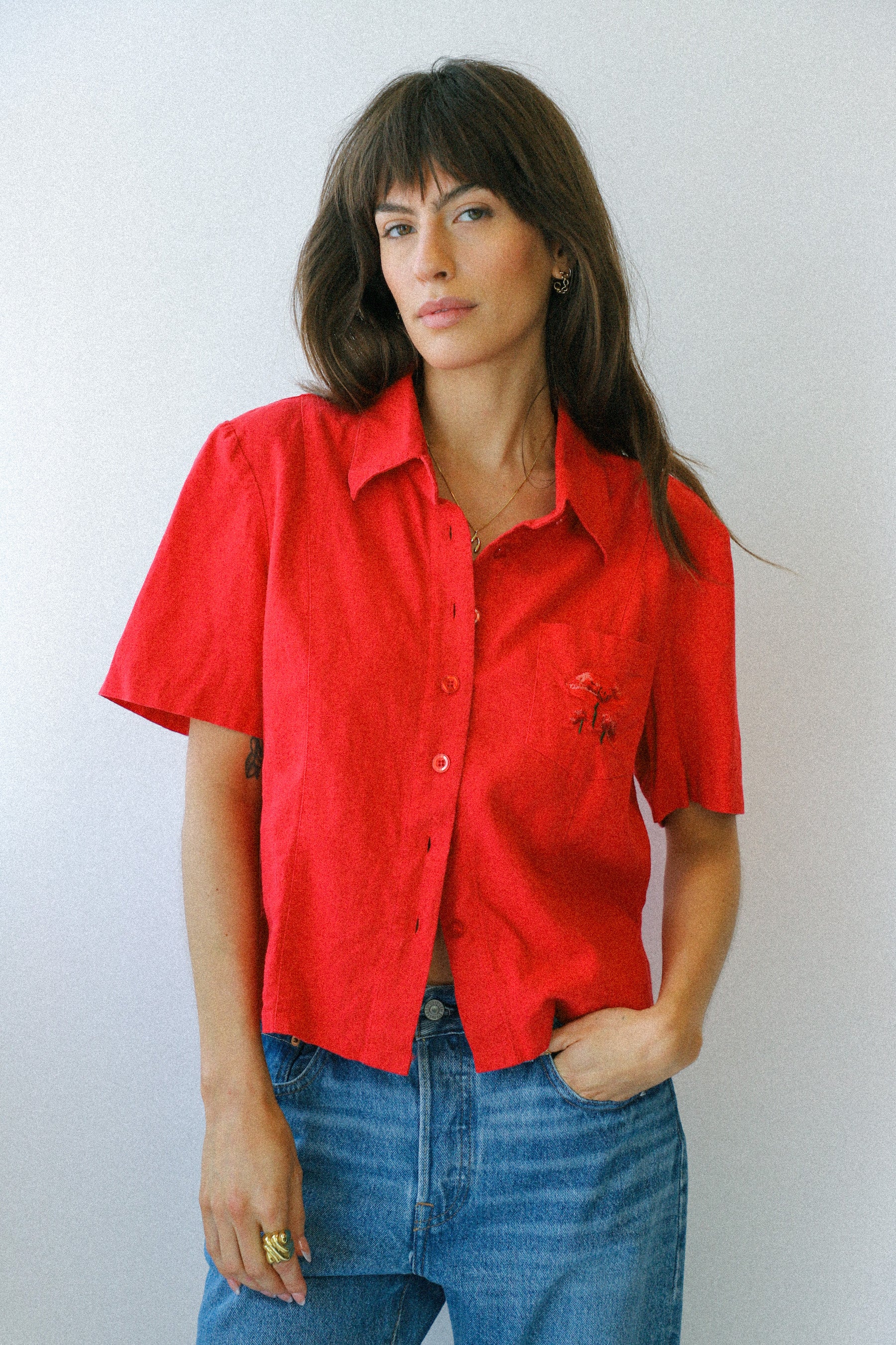 Red Linen Flower Embroidered Top