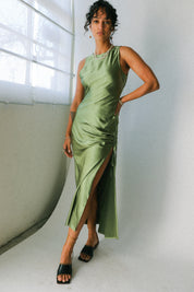 Satin Olive Raybu Ruched Dress