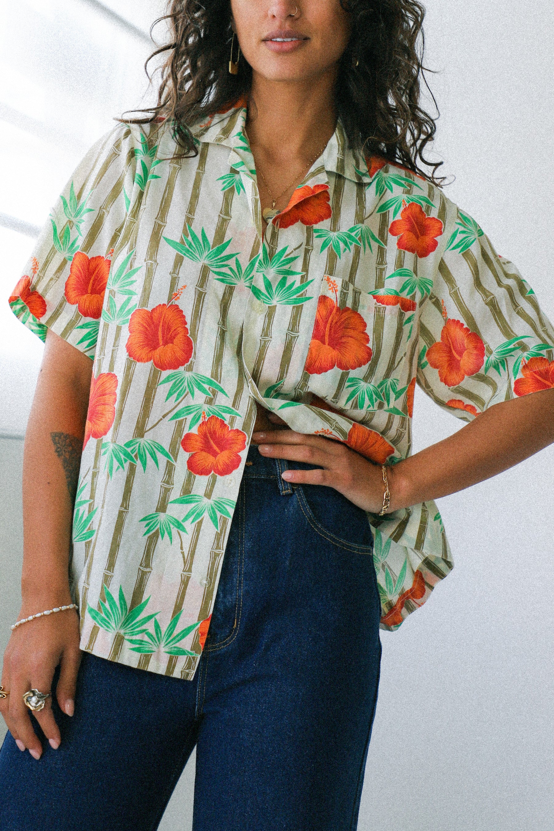 White Oak Hibiscus Button Up